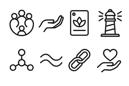 Community Wellness Icons. Wellbeing Network linear icon set: community circle, supportive hand, wellness card, calm beacon, shared resource icon, gentle wave, unity link, care node