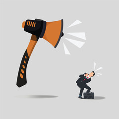 A creative concept vector illustration featuring a large axes transformed into a megaphone, shouting loudly at a frightened businessman