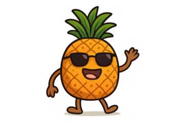 Smiling pineapple cartoon character with sunglasses, walking and waving, conveying a friendly, cheerful, and summery feeling