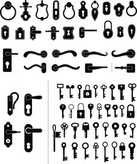 Large vector silhouette collection of antique and modern keys locks keyholes and door handles isolated on white background for security and access design elements