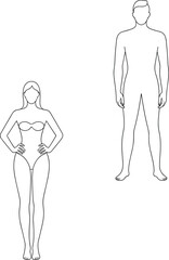 Male and female body outline illustration showing standing figure templates, anatomical proportions, fashion sketch models
