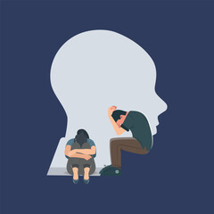 A powerful emotional vector illustration showing a man and a woman sitting in distressed postures inside the silhouette of a human head