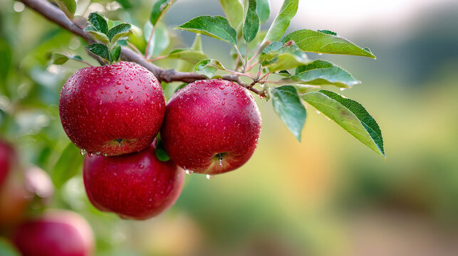 Close up of dew-kissed ripe apples hanging on tree branch in orchard