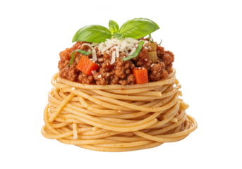 Delicious spaghetti bolognese with fresh basil and grated cheese, isolated on transparent background