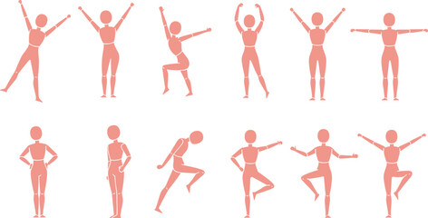 Mannequin figure poses in various standing and action positions, simple flat vector set for drawing reference, animation practice, gesture studies, character design, and art learning.