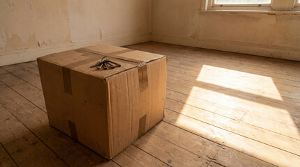 Cardboard Moving Box with Keys on Wooden Floor in Empty Sunny Room