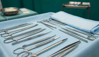 A collection of surgical instruments displayed on a blue tablecloth, ideal for healthcare presentations or medical articles.