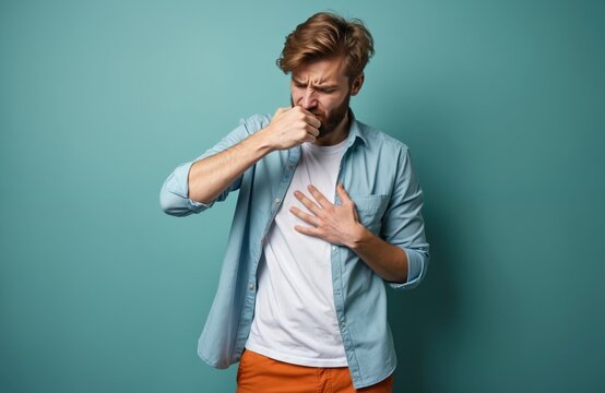 Young European man coughs into fist. Grimaces in pain, discomfort. One hand grips chest tightly. Guy feels sick unwell from flu cold virus. Respiratory problem allergy asthma symptom. Sickness
