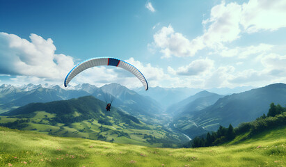Professional Paragliding Over Rolling Hills and Misty Peaks Captured in Bright Outdoor Daylight