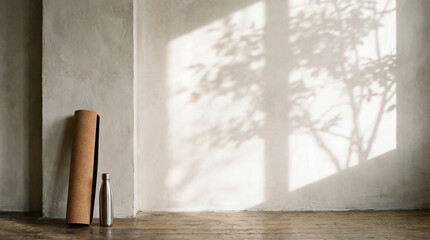 Rolled Cork Yoga Mat and Water Bottle Against Concrete Wall with Tree Shadow