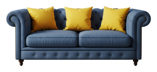 Elegant blue couch with yellow pillows in modern living room isolated on transparent background