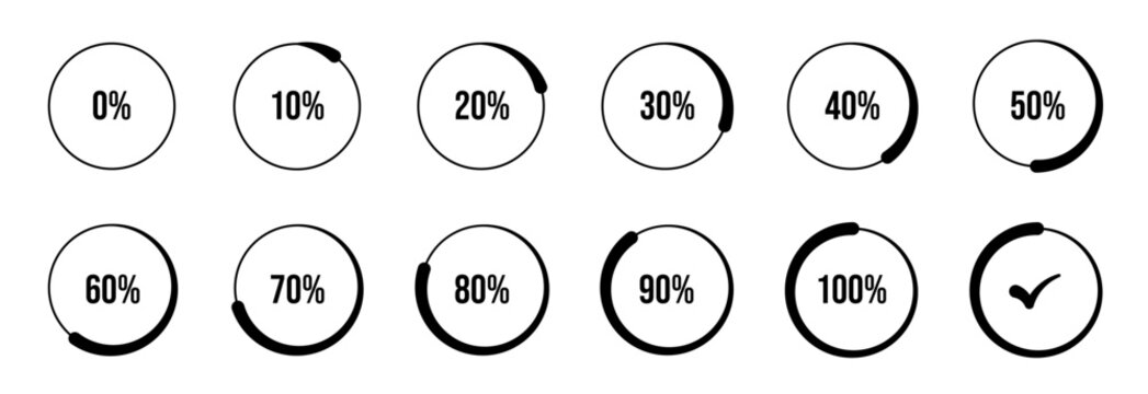 Set of circular percentage progress indicators showing values from 0% to 100%, with clean black & white design, featuring completion checkmark, ideal for UI/UX, data visualization or loading animation