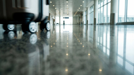 Low Angle View of Rolling Suitcase Wheels on Shiny Airport Floor