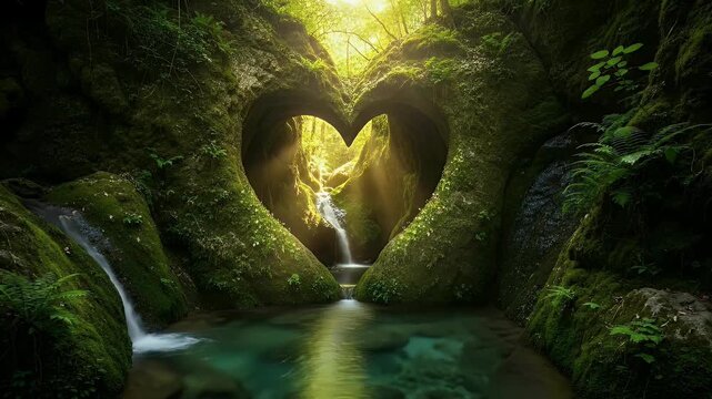 A breathtaking, heart-shaped natural cave opening, carved into moss-covered rock formations, reveals a hidden grotto bathed in ethereal light. Brilliant sunlight dramatically beams through the apertur