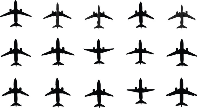 Top view airplane silhouettes arranged in a clean grid pattern, showcasing multiple aircraft shapes for aviation, transport, travel, military, and commercial vector illustration design resources.