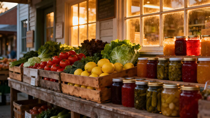 Colorful market stall showcasing fresh vegetables and preserves, perfect for food blogs or promotional materials.
