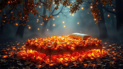 A bed of leaves in a magical forest at night, with a pillow in the middle