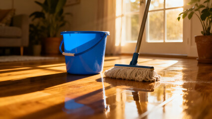 Blue bucket and mop on a gleaming wooden floor, reflecting sunlight for a cozy ambiance. Perfect for cleaning service ads or home decor.