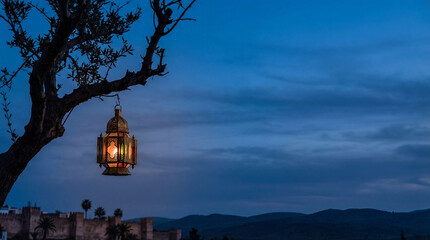 Illuminated Arabic Lantern Hanging from Tree Branch at Blue Hour Twilight