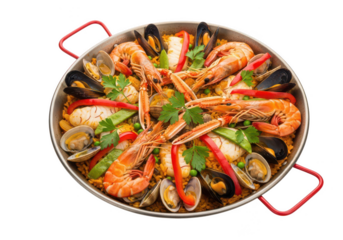 Seafood paella with shrimp, mussels, and vegetables, isolated on transparent background
