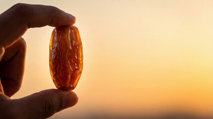 Hand Holding Single Date Fruit Against Golden Sunset Sky
