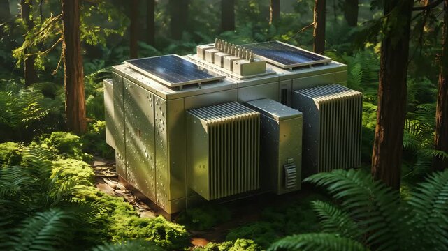 Cinematic Video of Eco-Friendly Electrical Transformer with Solar Panels in Lush Green Forest