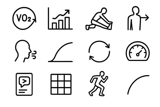 Peak Performance Icons. Peak Performance Icons linear icon set: VO2 max symbol, lactate threshold bar, mobility stretch, form alignment arrow, breathing rhythm, acceleration curve