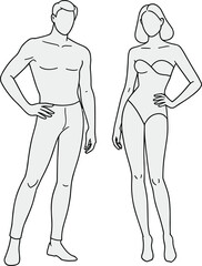 Vector illustration of male and female fashion models standing together for clothing design sketches and technical drawing templates isolated on white background outline style.