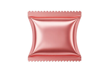 Obraz premium Shiny pink metallic candy wrapper or small food package mockup with crimped edges, isolated on transparent background for product presentation or design element