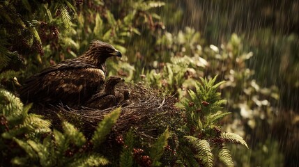 A powerful golden eagle fiercely guards her nest in the mountains