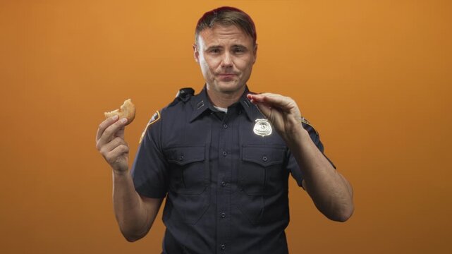 Police officer man in navy uniform holding a bitten donut by his hand while making a flat measuring gesture toward camera against an orange studio backdrop; humor duty.