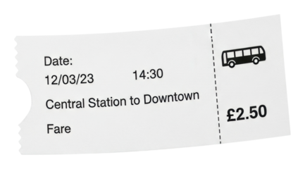 Bus fare ticket for central station to downtown journey in city isolated on transparent background