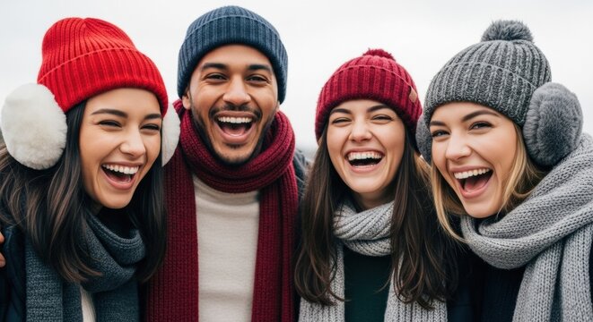 A joyful group of diverse young friends wearing colorful winter hats and scarves laugh together in a cheerful outdoor portrait, expressing pure happiness and togetherness - Powered by Adobe