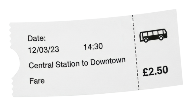 Bus fare ticket for central station to downtown journey in city isolated on transparent background