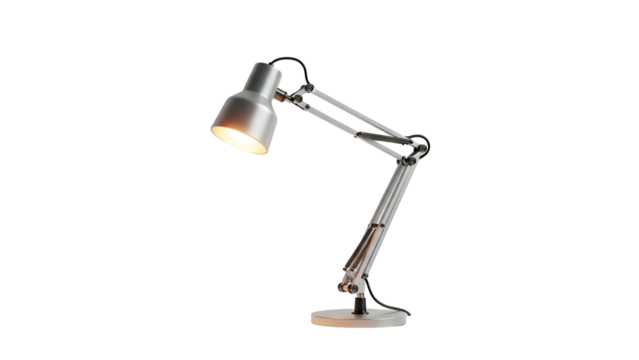 Adjustable silver desk lamp isolated against a black background