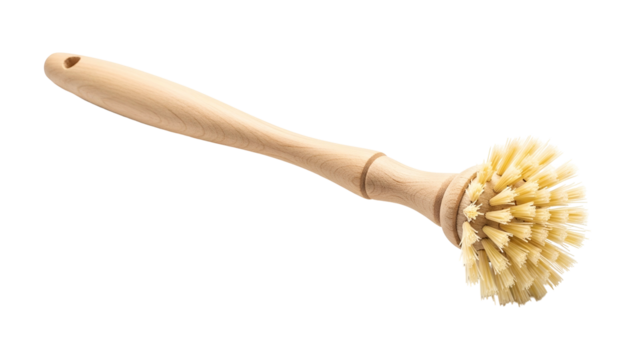 Wooden-handled dish brush with round bristle head, isolated on a stark black background