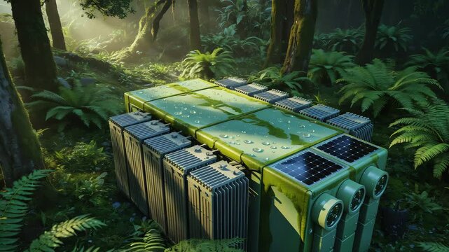 Cinematic Video of Eco-Friendly Electrical Transformer with Solar Panels in Lush Green Forest
