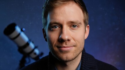Close-up astronomy enthusiast with telescope under a starry night sky.