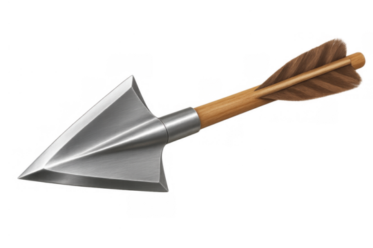 Broadhead arrow featuring sharp metal tip and wooden shaft with fletching, ready for archery hunting or target practice
