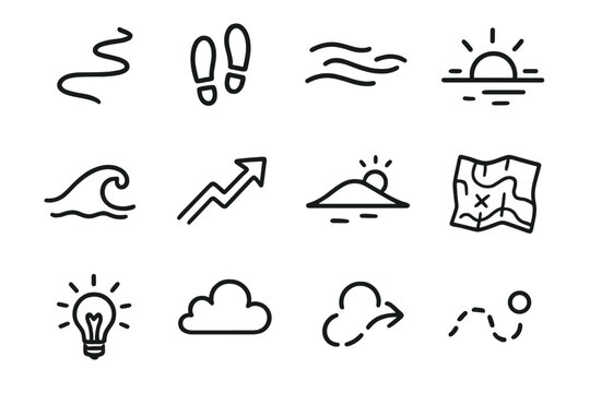Aimless Wander Icons. Aimless Wander linear icon set: winding path, drifting steps, soft breeze lines, open horizon, scattered footprints, gentle wave, wandering arrow, distant