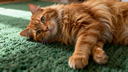 Relaxed Fluffy Orange Tabby Cat Lying on Soft Green Carpet in Warm Sunlit Cozy Home Interior