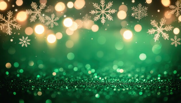 Winter wonderland celebration holiday season digital art sparkling green background close-up view festive atmosphere with snowflakes and bokeh lights for seasonal cheer - Powered by Adobe
