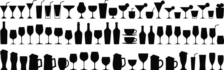 Vector set of drink silhouettes featuring cocktails wine beer and coffee glasses for menu and party design