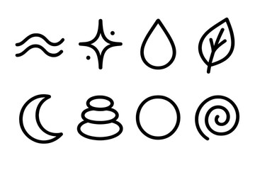 Serene Icon Medley. Calm Restoration linear icon set: soft wave curve, healing spark, warm droplet, steady leaf, restful moon shape, grounding stone, comforting orb, renewal swirl