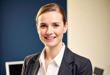 bank consultant portrait woman professional setting facing directly camera close-up