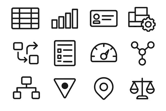 Resource Planning Icons. Resource Planning Pack linear icon set: inventory board, capacity bar, task allocation card, grouped assets, flowchart arrows, planning sheet, load gauge