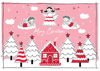 A cute Christmas illustration featuring cheerful angels floating above a festive winter landscape with decorated Christmas trees and a red gingerbread house for greeting cards, posters, banners