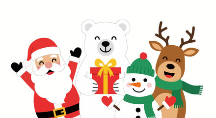 Cute Christmas Characters Together Featuring Santa Claus, a Polar Bear, a Snowman, and a Reindeer Holding a Gift