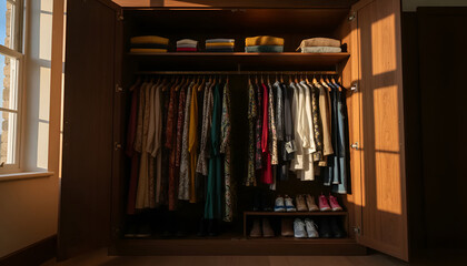 Wooden wardrobe displaying an array of colorful clothing on hangers, with shoes below. Ideal for home decor or fashion blogs.