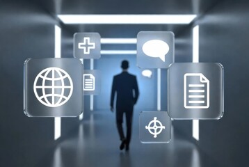 Digital transformation journey with businessman and floating interface icons